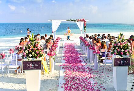 Portable restroom trailer at upscale outdoor event